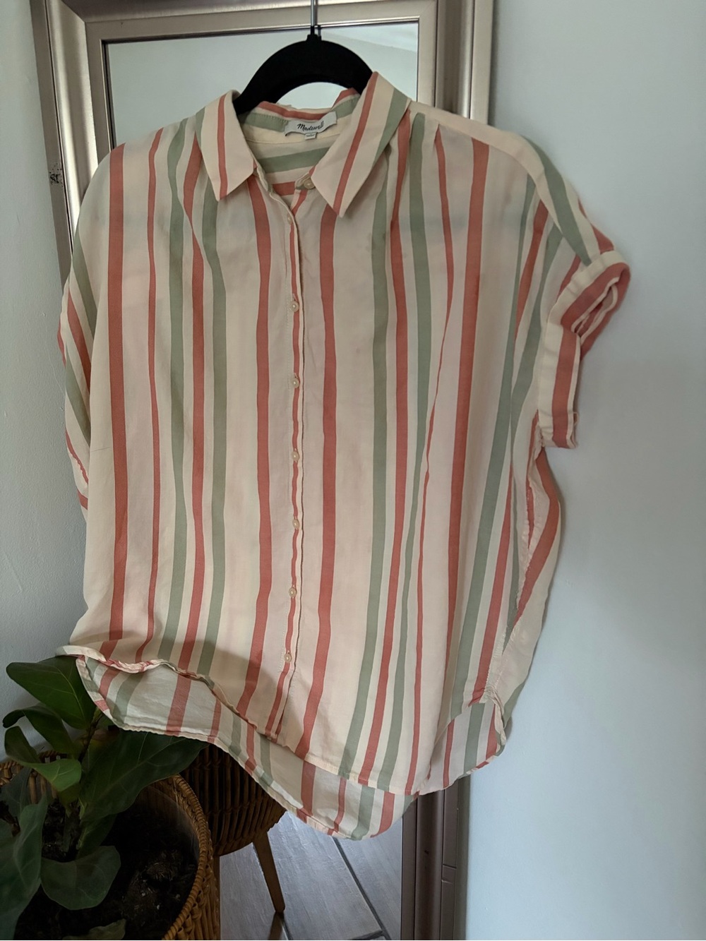 Madewell Vertical Stripe Short-Sleeve Button-Down in coral & Sage
